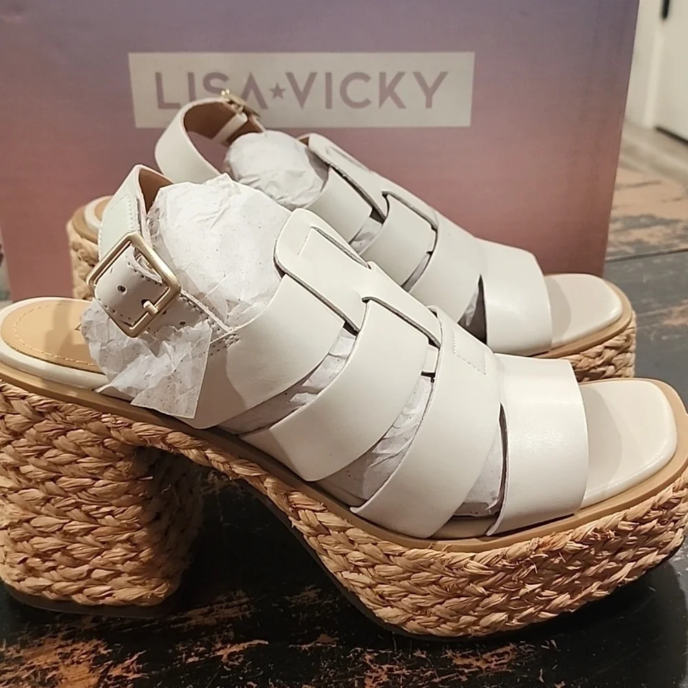 Lisa & Vicky Just-V White Leather Strappy Platform New In Box 9.5